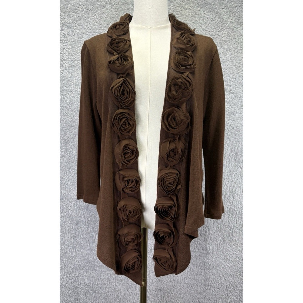 Eci Womens Brown Open Front Cardigan 3D Floral Rosette Trim Boho Chic Medium